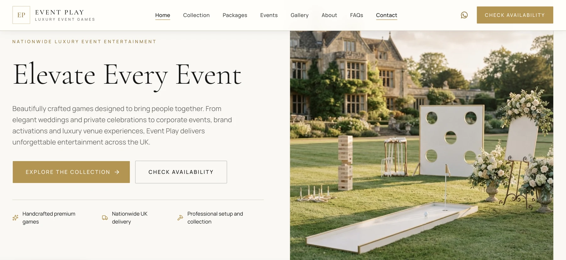 The Event Play website — homepage hero with luxury lawn games